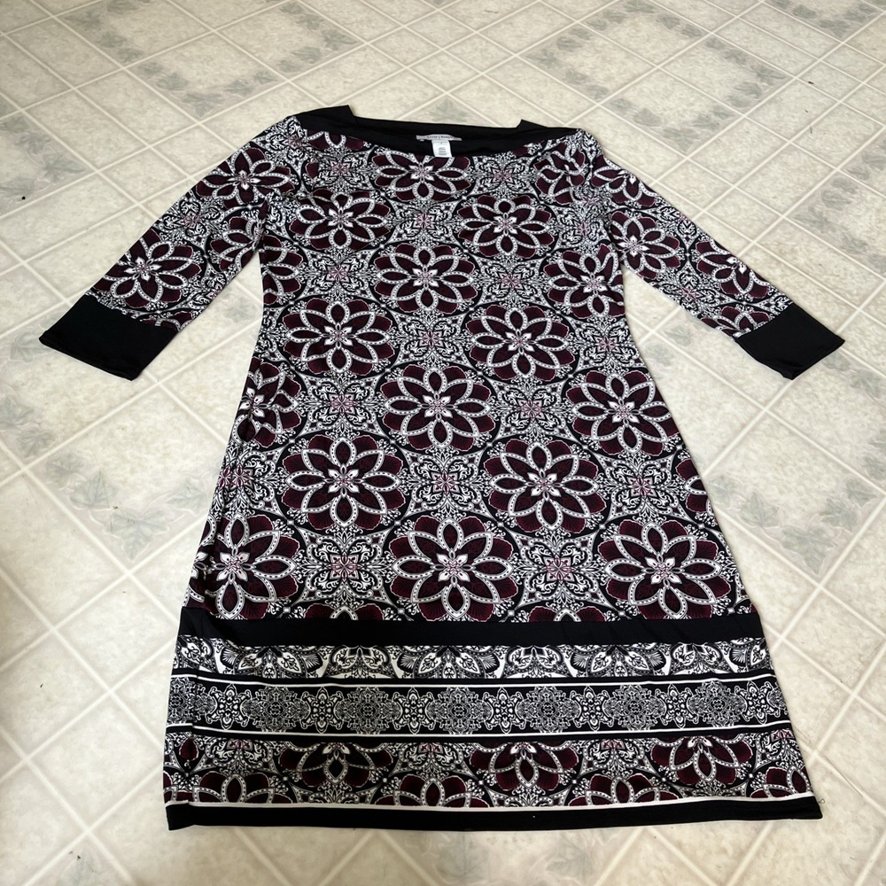 White House Black Market Sz Small Black Floral Print Boat Neck Long Slv  Dress